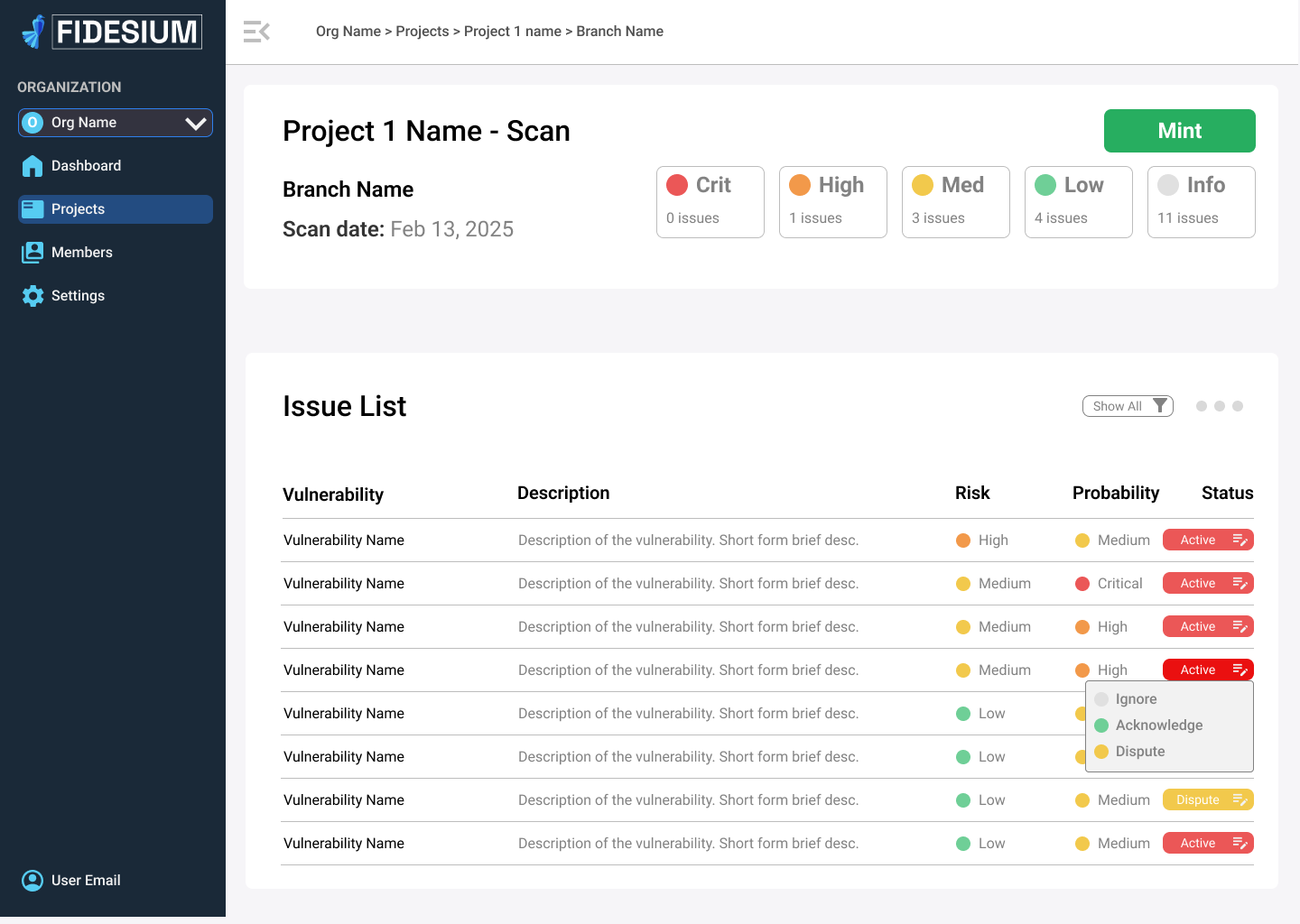Fidesium Dashboard